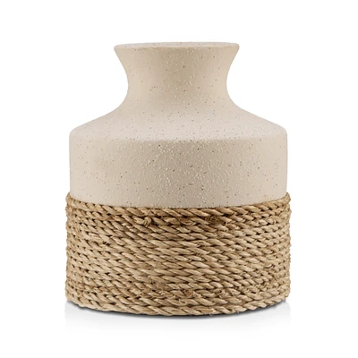 Speckled Ceramic and Rattan Vase
