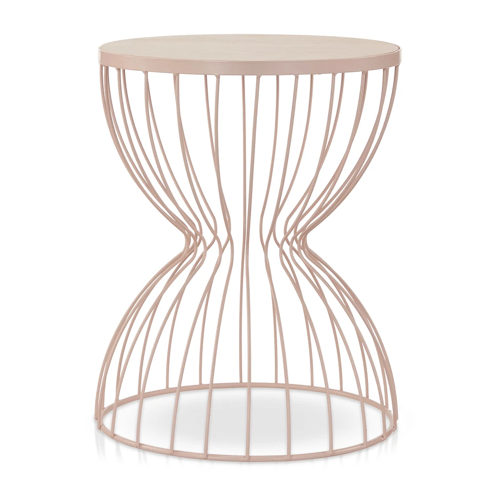 Pink Metal and Natural Wood Hourglass Side Table