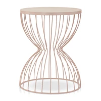 Pink Metal and Natural Wood Hourglass Side Table