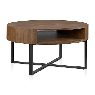 Metal and Walnut Veneer Round Coffee Table