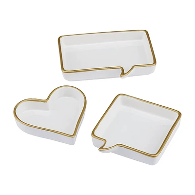 Set of 3 White Ceramic Trays with Gold Rim