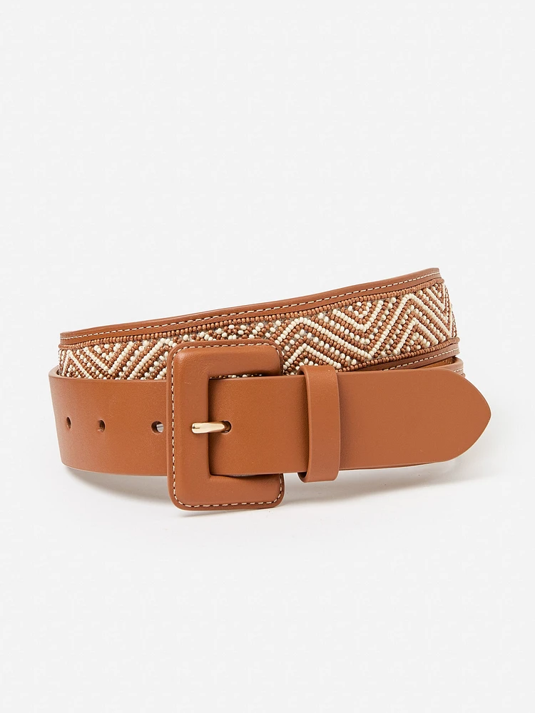 Jema Leather Belt Beaded Chevron Stripe