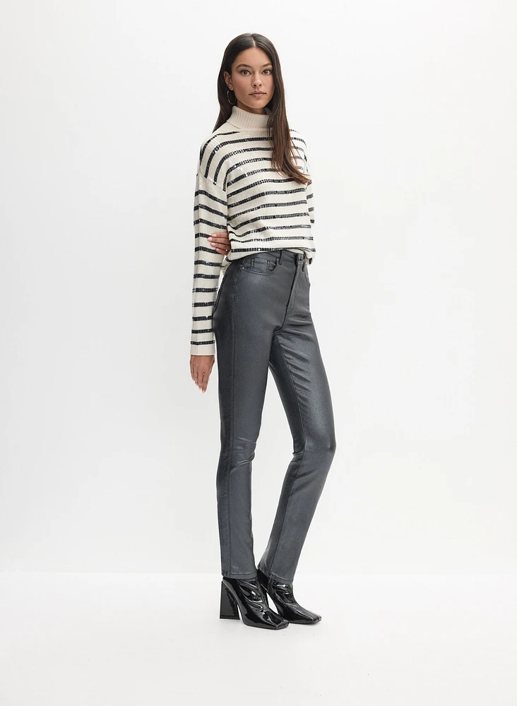 Coated Metallic Slim-Leg Jeans