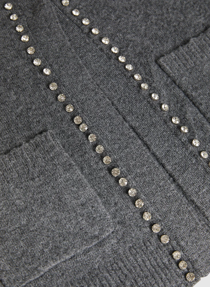 Rhinestone Trim Soft Knit Cardigan