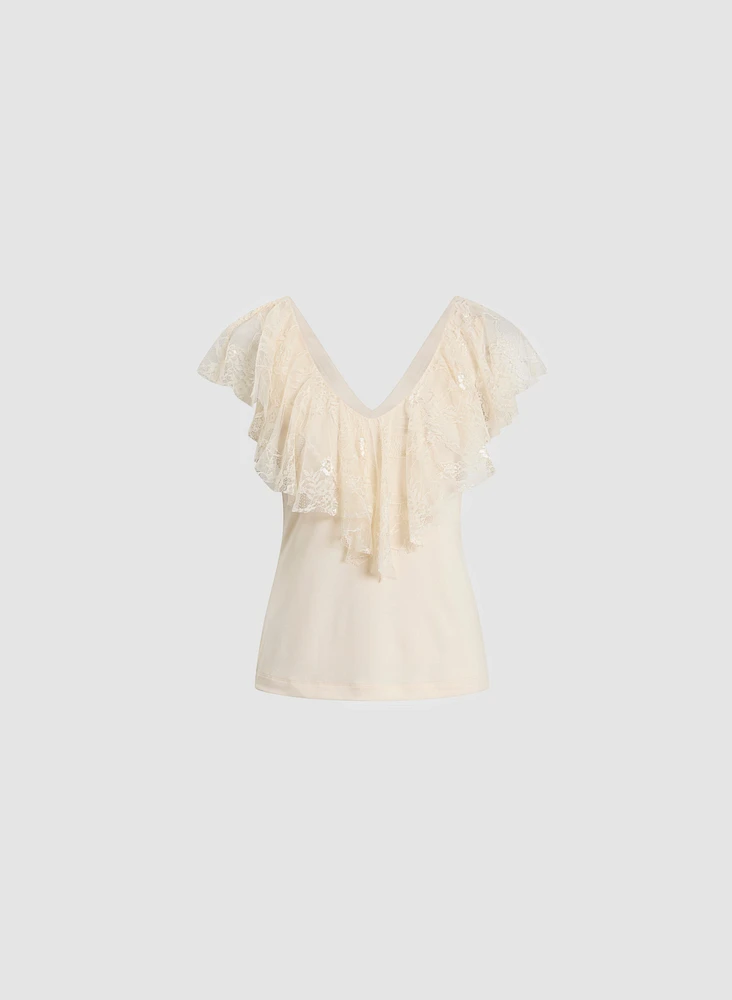 Lace Ruffle V-Neck Top