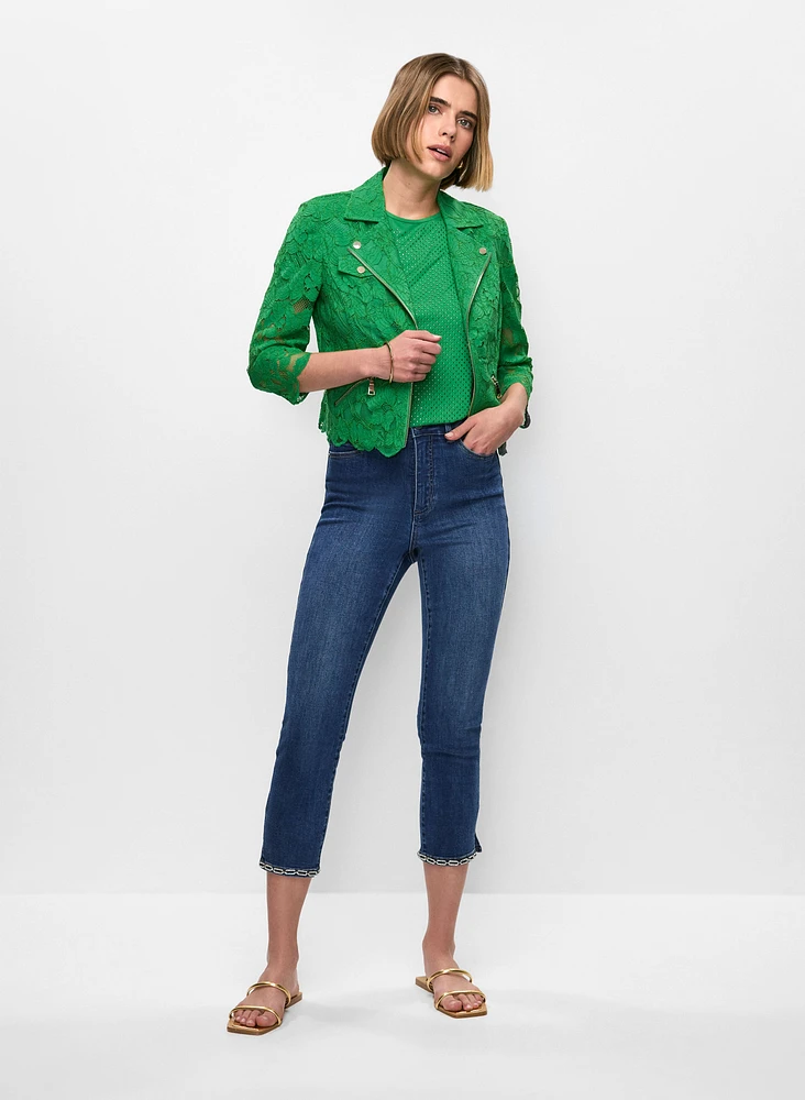 Veste courte en dentelle à manches 3/4 et capri en denim