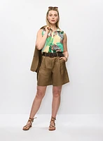 Palm Print Blouse & Linen Blend Shorts
