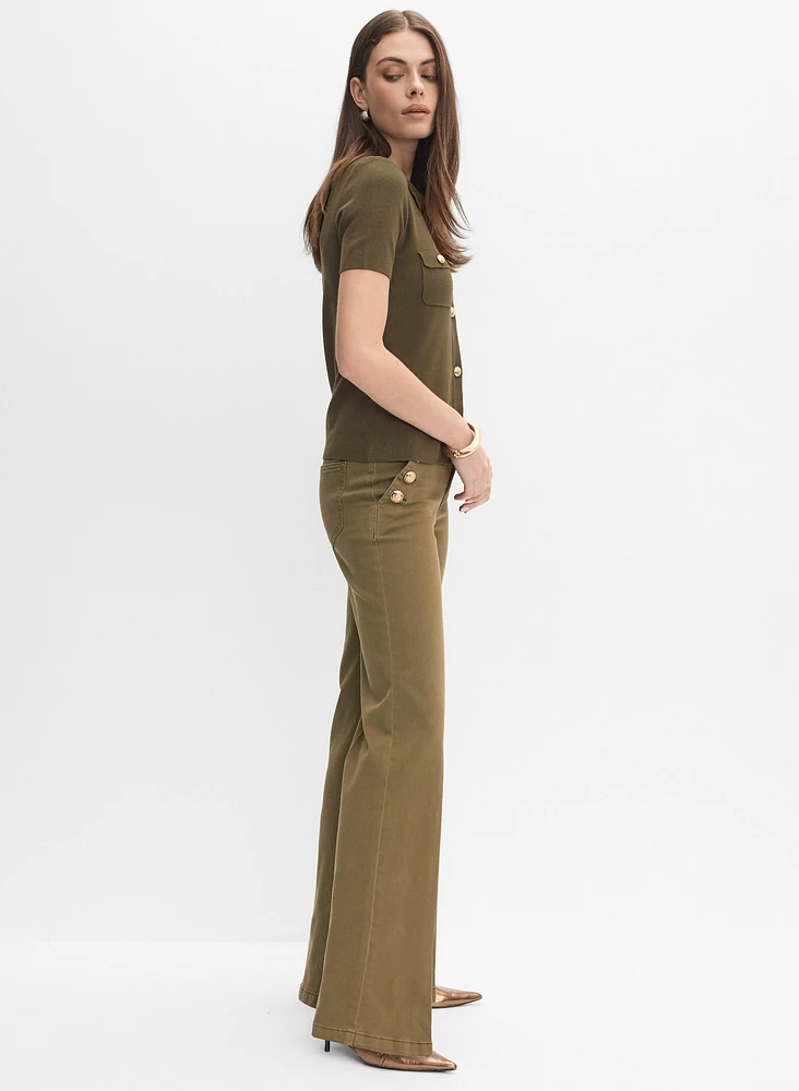 Embossed Button Wide-Leg Jeans
