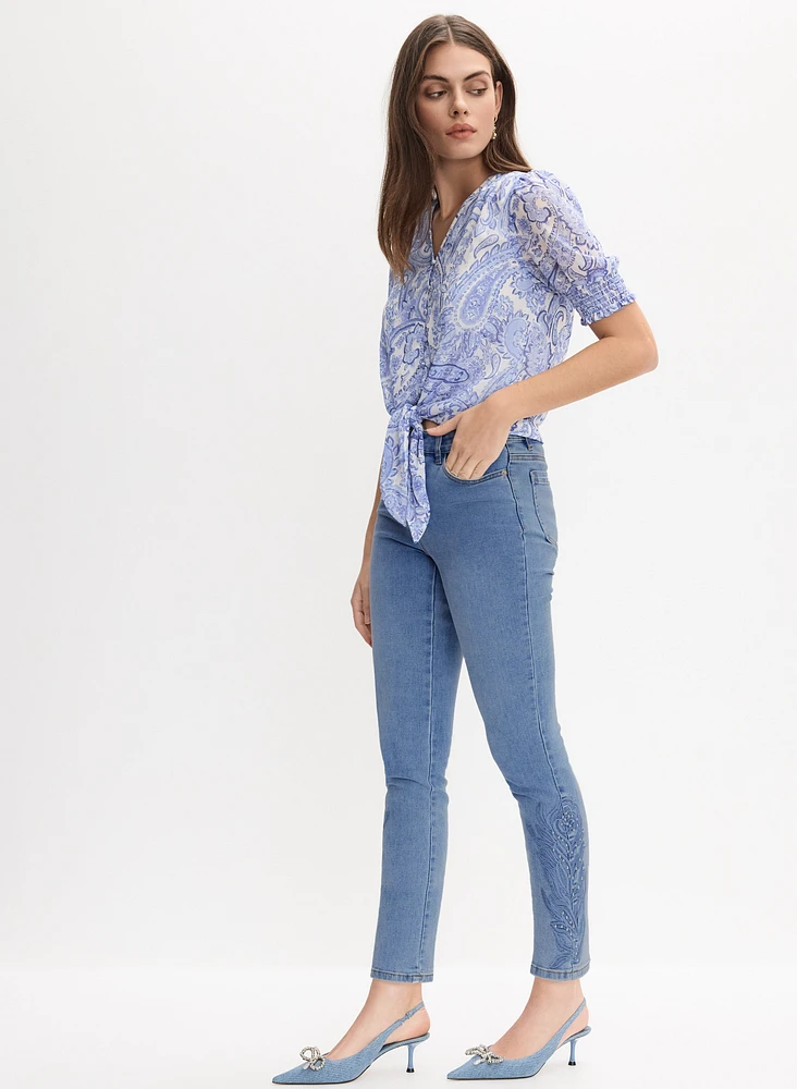 Tonal Embroidered Straight-Leg Jeans