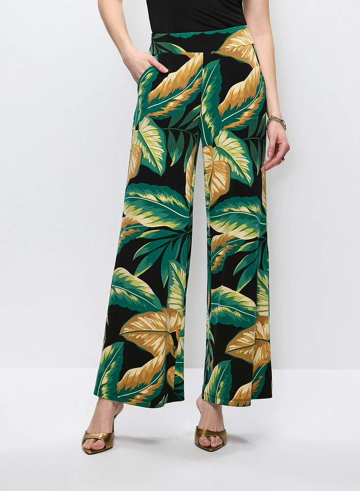 Pantalon jambe large à motif feuilles
