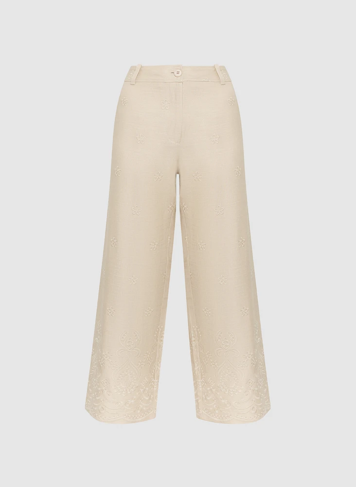 Tonal Embroidered Linen-Blend Pants