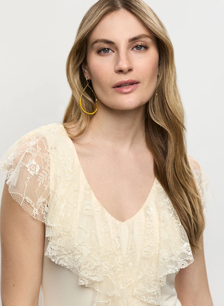 Lace Ruffle V-Neck Top