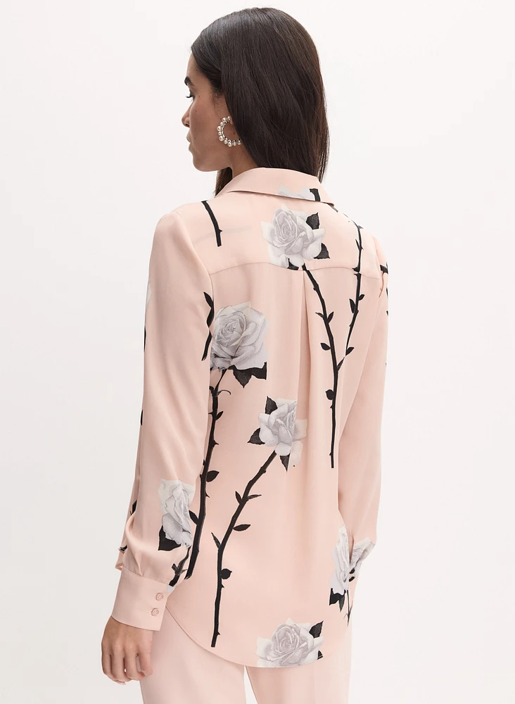 Rose Print Button-Down Blouse