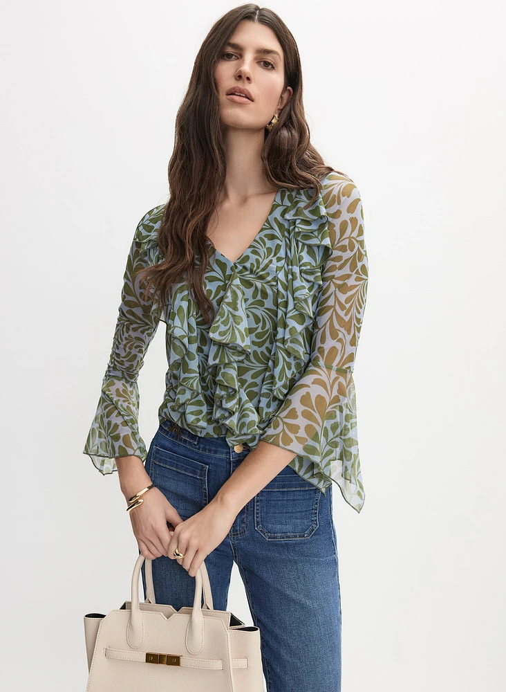Vine Print Ruffle Front Blouse