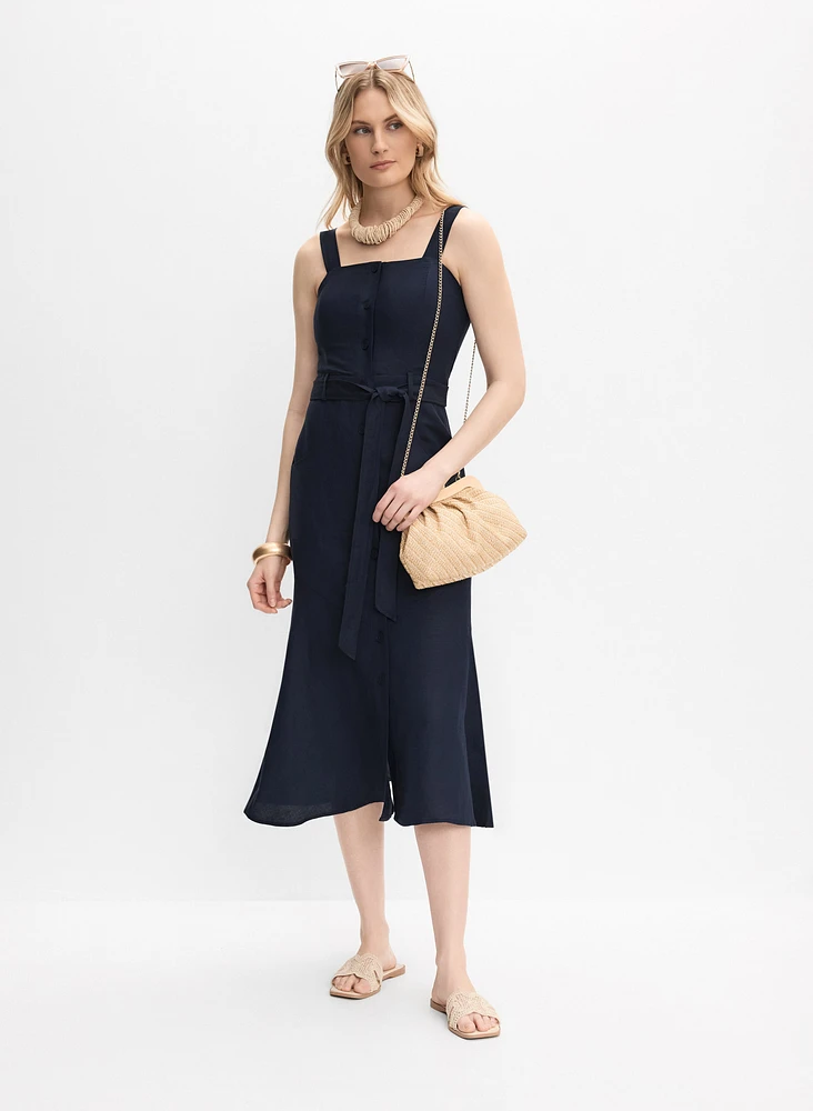 Linen-Blend Button-Down Dress