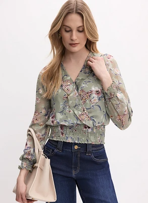 Blouse florale froncée à volants