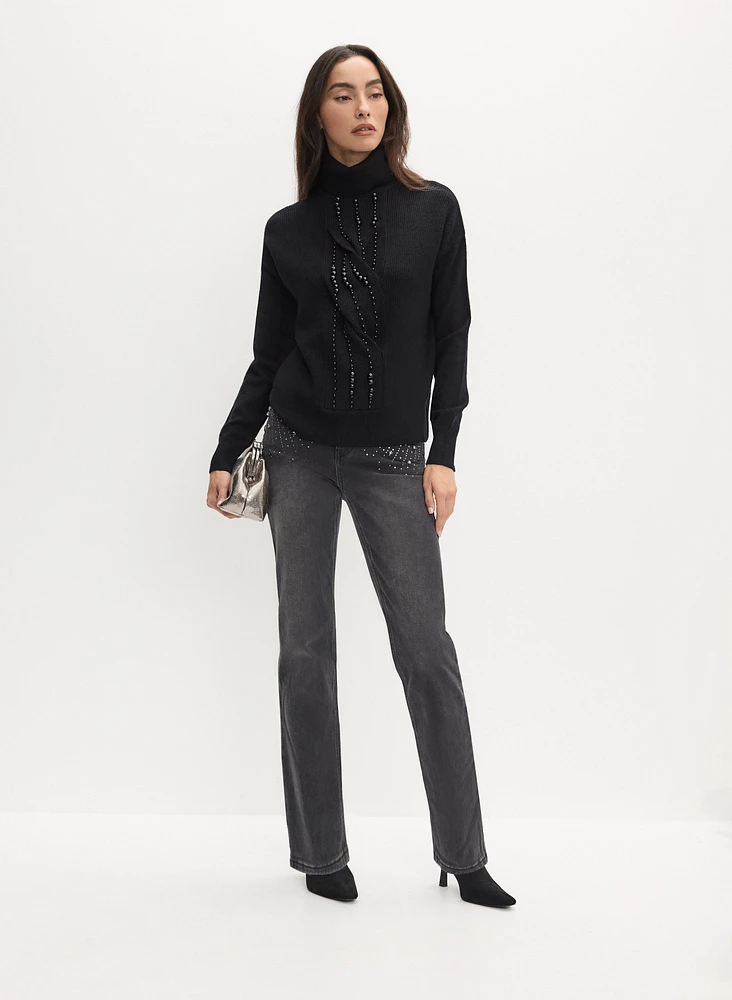 Beaded Twist Front Turtleneck Sweater