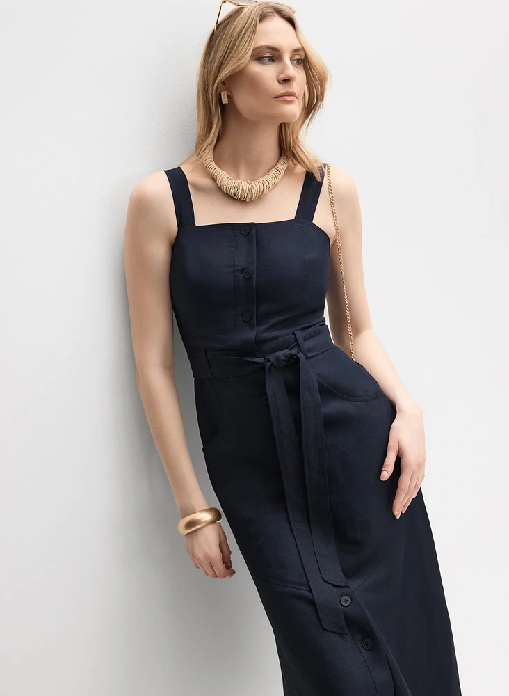 Linen-Blend Button-Down Dress