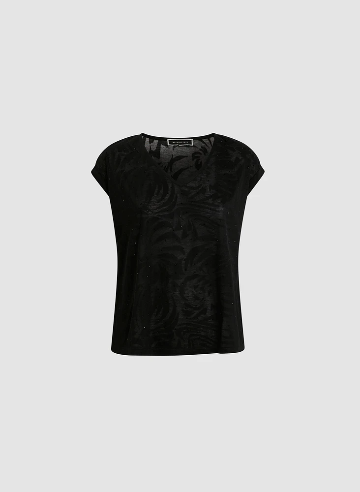 Embellished V-Neck Burnout Tee