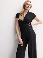 Brooch Embellished Wrap-Over Jumpsuit