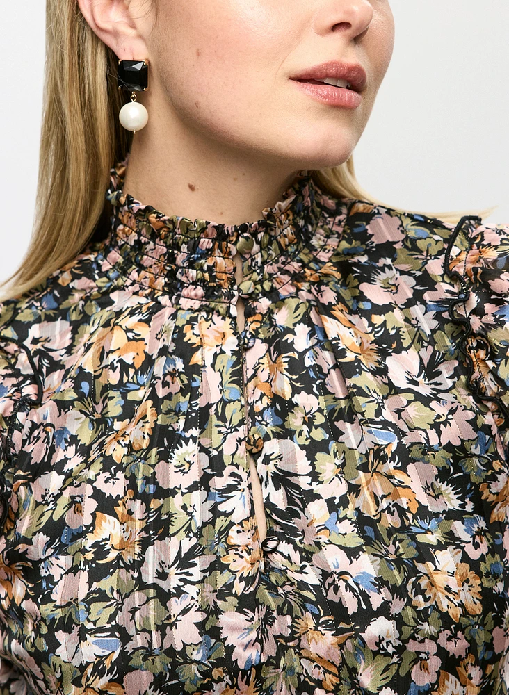Blouse fleurie à ourlet froncé