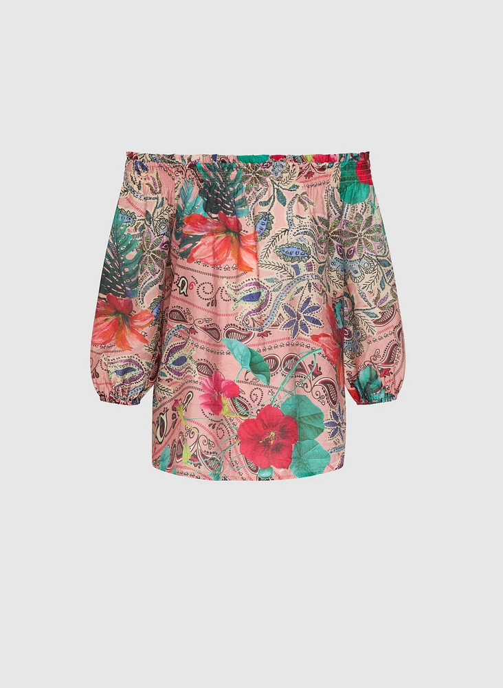 Mixed Print Off-Shoulder Blouse