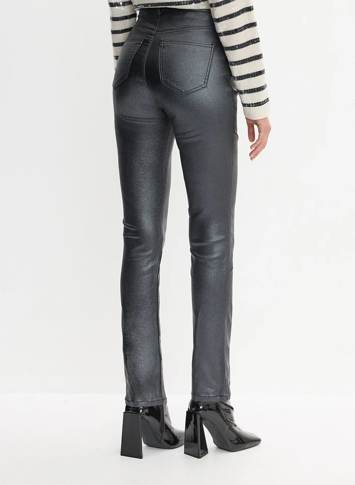 Coated Metallic Slim-Leg Jeans