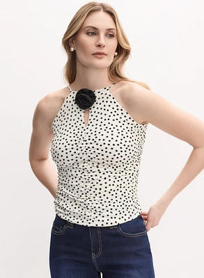 Rosette Embellished Dot Print Top