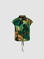 Palm Print Drawstring Hem Blouse