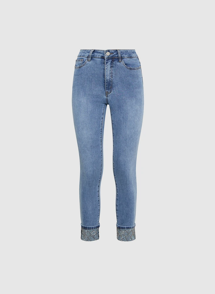 Embellished Cuff Slim-Leg Jeans