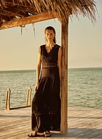 Linen-Blend Lace Insert Dress