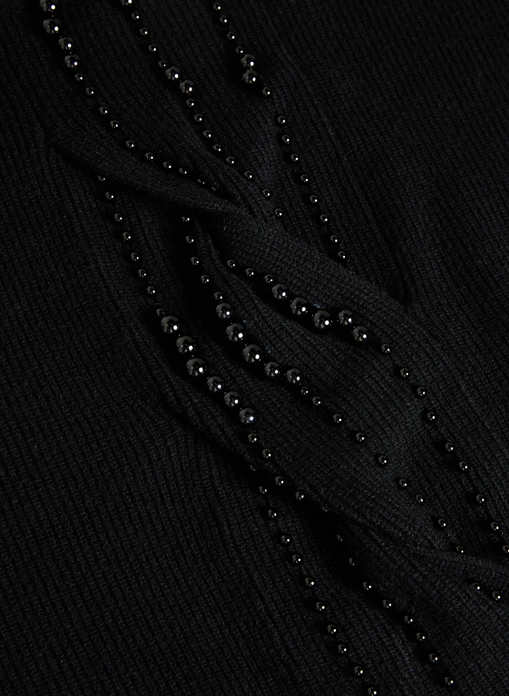 Beaded Twist Front Turtleneck Sweater