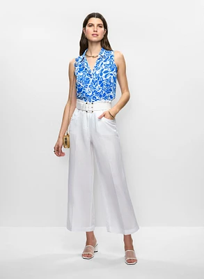 Blouse fleurie en crêpe et pantalon écourté en lin