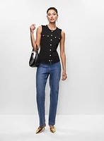 Haut boutonné à bordure en satin et jean semi-évasé