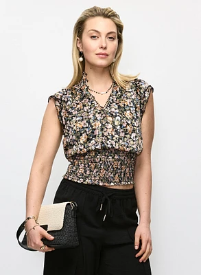Blouse fleurie à ourlet froncé