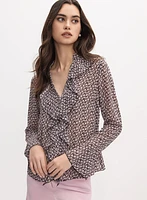 Geometric Ruffle Front Blouse
