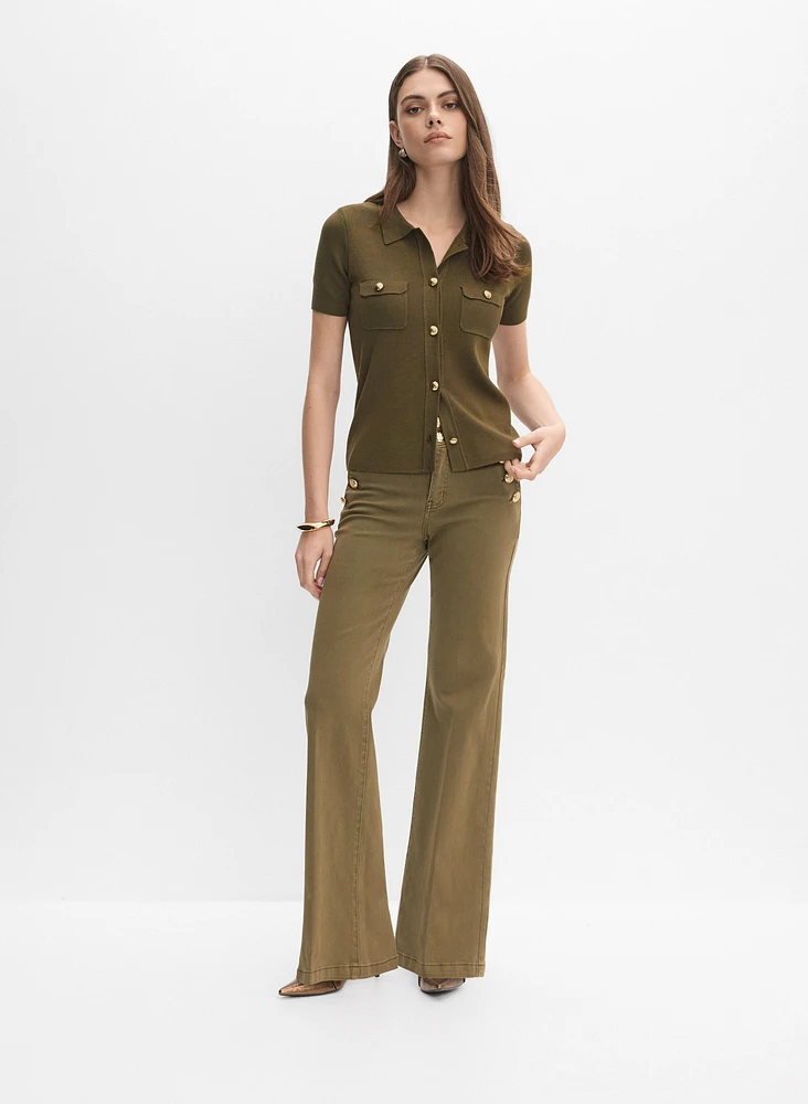 Embossed Button Wide-Leg Jeans
