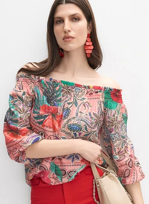 Mixed Print Off-Shoulder Blouse