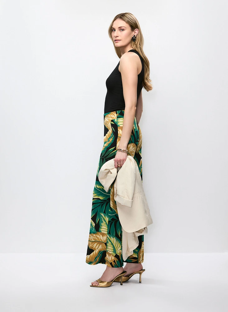 Pantalon jambe large à motif feuilles