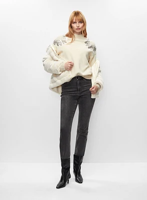 Manteau réversible et jean à paillettes