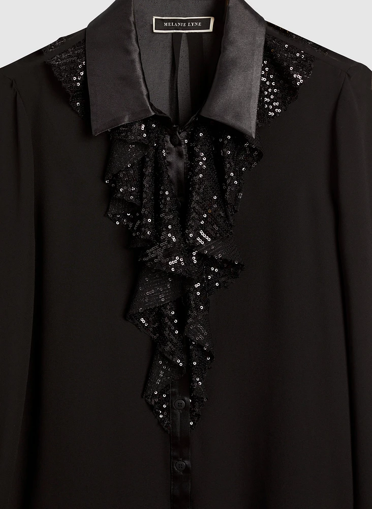 Sequin Ruffle Button-Up Blouse