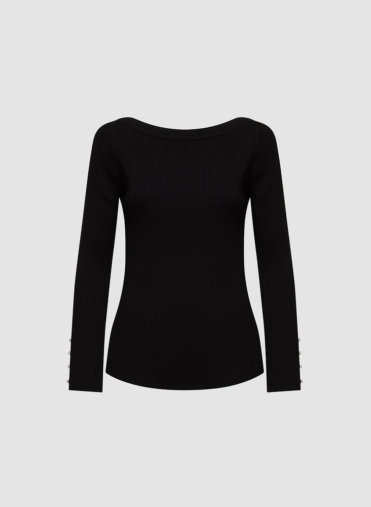 Rhinestone Detail Rib Knit Pullover