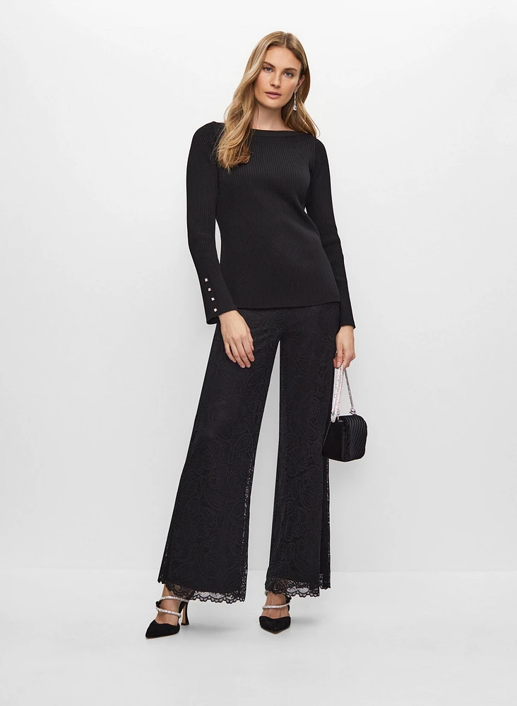 Rhinestone Detail Rib Knit Pullover