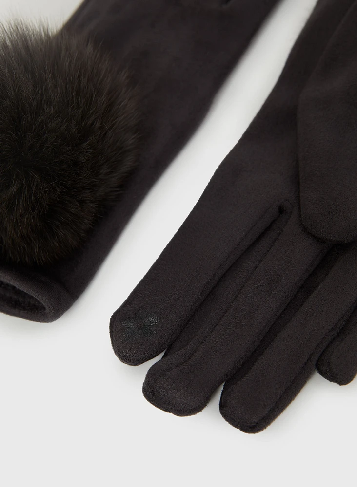 Faux Suede Pompom Gloves
