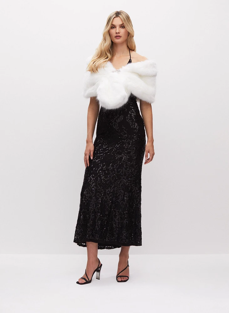Rhinestone Clip Faux Fur Stole