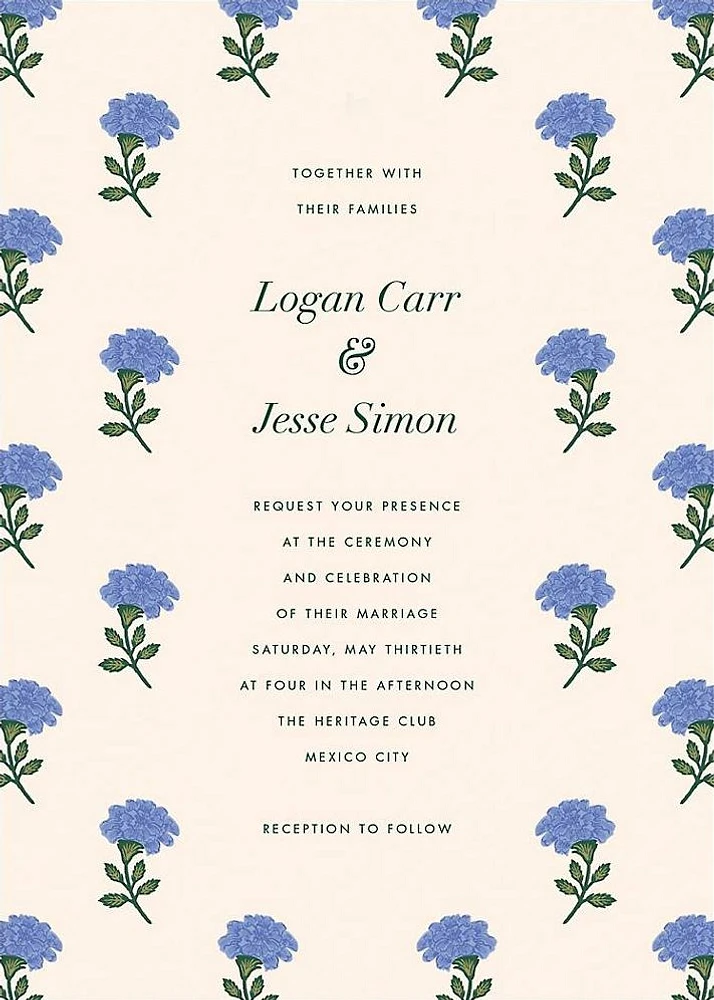 Dianthus Floral Blue Wedding Invitation