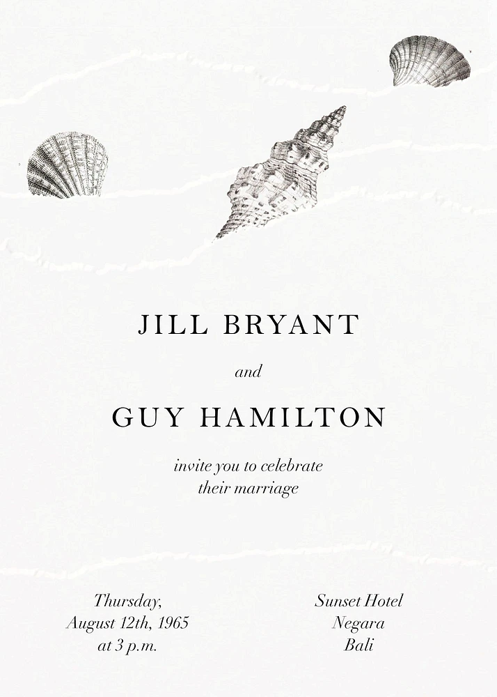 Waves and Seashells on White Wedding Invitation