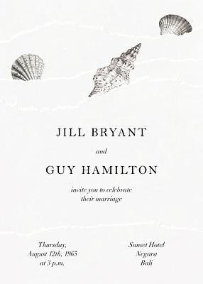 Waves and Seashells on White Wedding Invitation