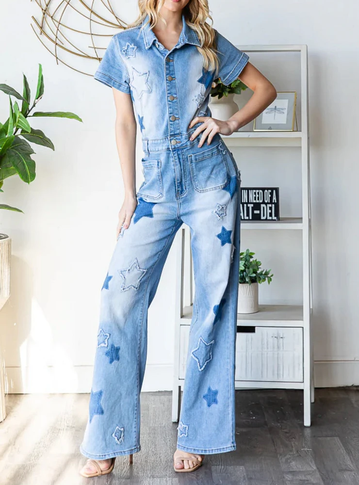 Patchwork Jean Jumpsuit Mineral Washed By Oil & Hali Star Printed Denim Clothing Flared Wide Leg