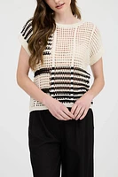 Crochet Knit Top Black and Beige. Summer Sweater